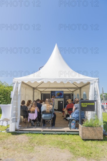 Waterkant Festival 25 in front of Kiel Week 2025 on the MGF 5 site on the Kiel Fjord, annual meeting place for founders of start-up companies with innovative ideas for new technologies, ecology and society, workshops and exhibitions, Kiel Holtenau, Schleswig-Holstein, Germany