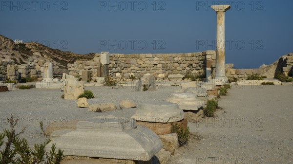 Historical site with remains of columns and detailed stone blocks in the open air, Agios Stefanos Beach, Agios Stefanos Basilica, Agios Nikolaos Chapel, Kastri Island, Kos, Dodecanese, Greek Islands, Greece