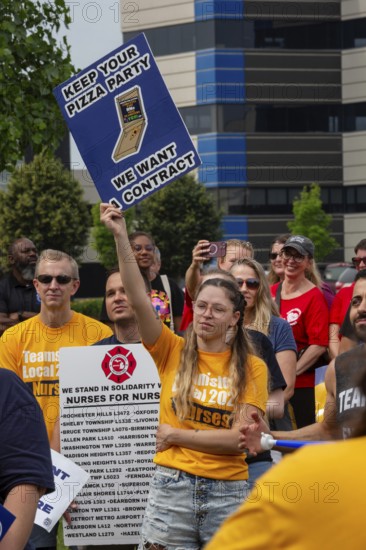 Southfield, Michigan - Nurses rally outside Corewell Health during their fight for a union contract. Corewell is the largest healthcare system in Michigan. Its 10, 000 nurses voted to join the Teamsters in late 2024 and are fighting for their first contract