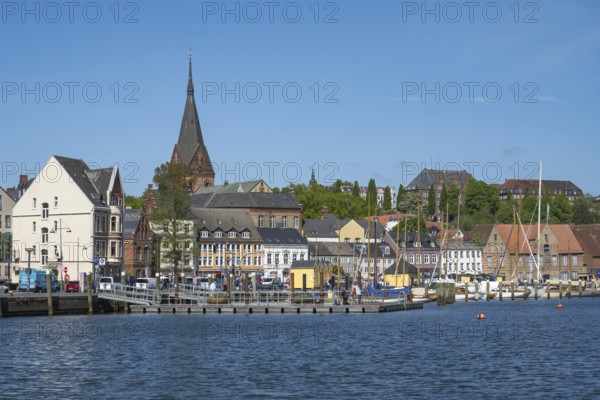 City view with St. Marien church, harbour, Flensburg, Flensburg Fjord, Baltic Sea, Schleswig-Holstein, Germany