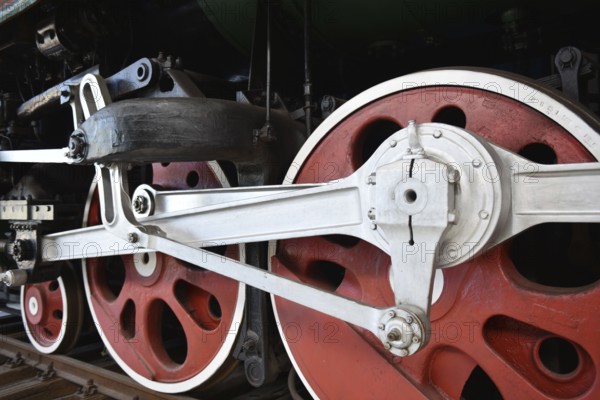 Driving wheels of the express train, steam locomotive P36 123 in the Prora Museum, Mecklenburg-Vorpommern, Germany
