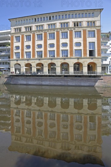 Melanchthonhaus with arcade built in 1914, reflection, Enz, river bank, Pforzheim, Northern Black Forest, Black Forest, Baden-Württemberg, Germany