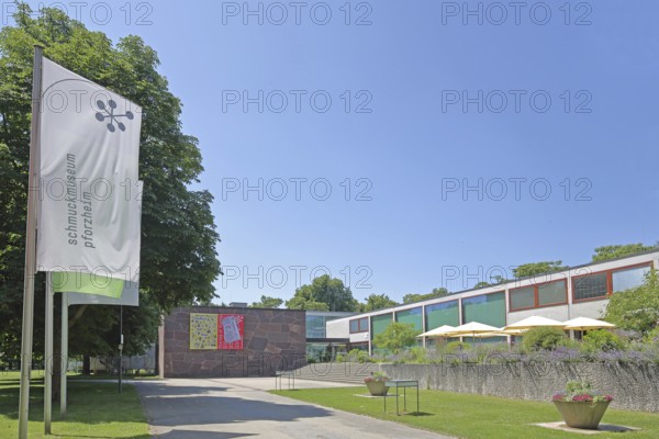 Flags with inscription Jewellery Museum, Reuchlinhaus, Pforzheim, Northern Black Forest, Black Forest, Baden-Württemberg, Germany