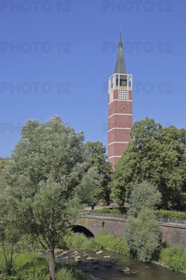 City church built in 1968 on the River Enz, Pforzheim, Northern Black Forest, Black Forest, Baden-Württemberg, Germany