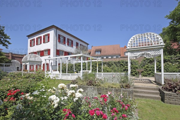 Rose garden and historic Klösterle house, garden with roses, flowers, pergola and arbour, Ettlingen, Black Forest, Northern Black Forest, Baden-Württemberg, Germany