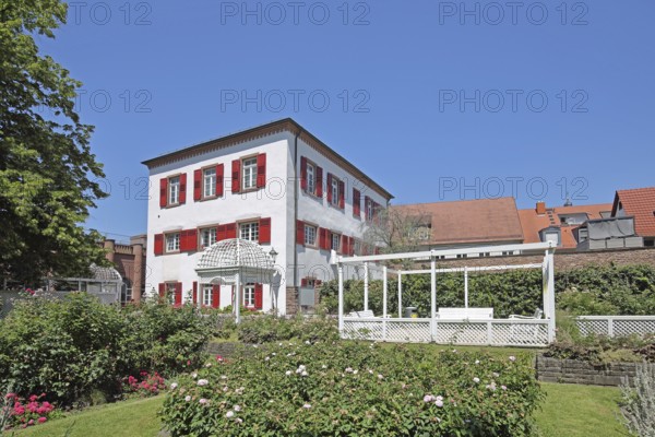 Rose garden and historic Klösterle house, park with flowers, Ettlingen, Black Forest, Northern Black Forest, Baden-Württemberg, Germany