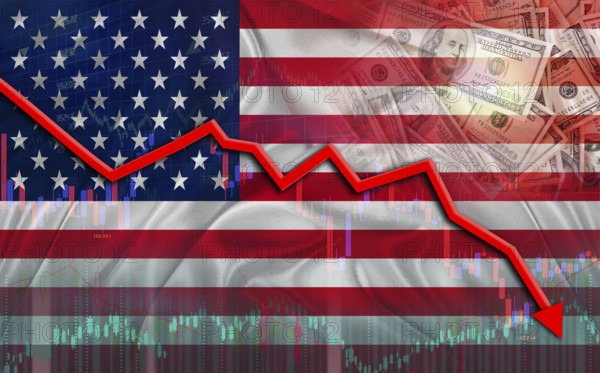 USA financial fall on economy market. USA financial crisis on economic graph