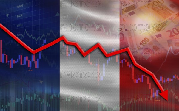 France financial fall on economy market. France financial crisis on economic graph