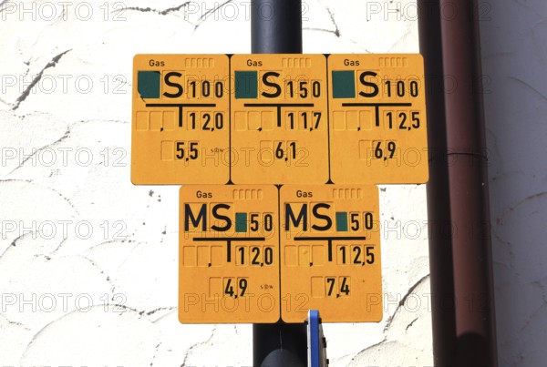 Signs indicating a long-distance gas pipeline, gas pipeline, shut-off device for the gas connection, hazard pictogram