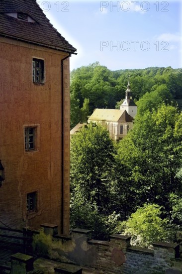 View from Kuckuckstein Castle to the church of Liebstadt from a rocky outcrop on an old trade route from the Elbe Valley across the Eastern Ore Mountains to Bohemia, Saxony, Saxon Switzerland, Germany