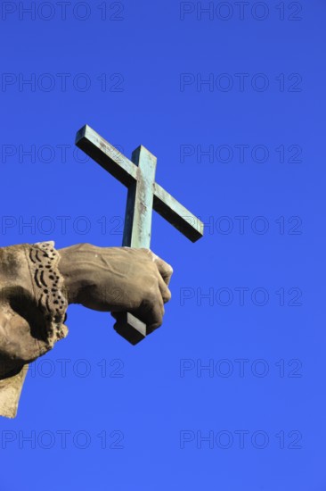 Detail of hand with cross, St John of Nepomuk on the Old Main Bridge, Würzburg, Lower Franconia, Bavaria, Germany