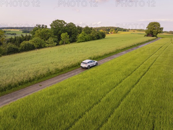 Car on a rural road between green fields and trees in the evening light, Deer E- CarSharing, Renault Megane electric car, Calw, Black Forest, Germany