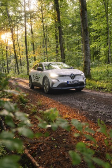 Renault driving along a forest path, surrounded by tall trees in the sunlight, Deer E- CarSharing, Renault Megane electric car, Calw, Black Forest, Germany