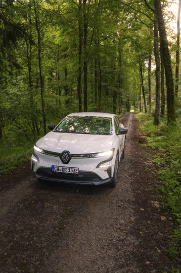 Renault drives on a shady forest path between tall trees, Deer E- CarSharing, Renault Megane electric car, Calw, Black Forest, Germany