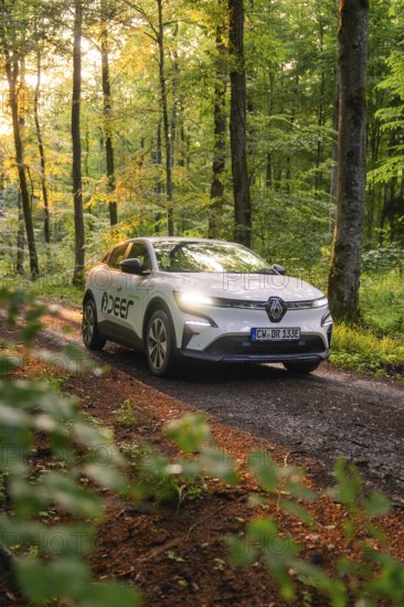 A modern car drives on a forest road in the sunlight through green trees, Deer E- CarSharing, Renault Megane electric car, Calw, Black Forest, Germany