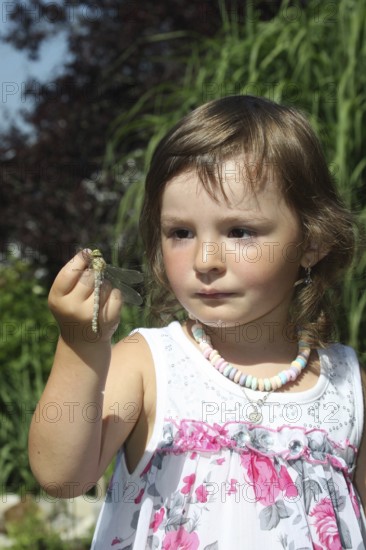 Girl, toddler looking at freshly hatched Southern Hawker (Aeshna cyanea) dragonfly on her finger at the garden pond, Allgäu, Bavaria, Germany, Allgäu, Bavaria, Germany