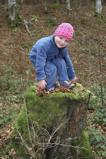 Girl playing in the forest, child in nature, love of nature, Allgäu, Bavaria, Germany, Allgäu, Bavaria, Germany