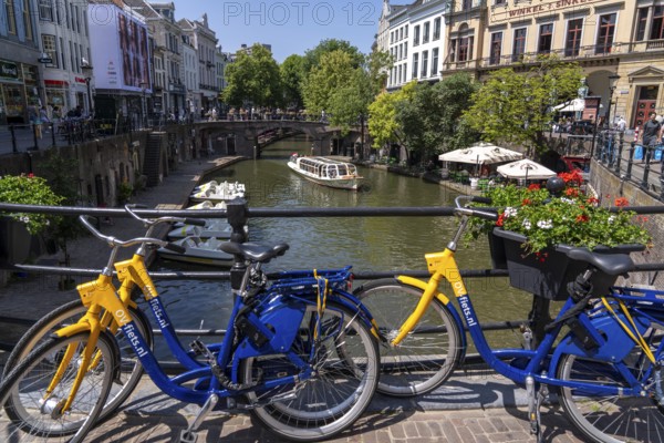 The old town centre of Utrecht, Oudegracht, around 2 km long with many old houses, shops, restaurants directly on the canal, many bridges, boat traffic of all kinds, canal cruise, Netherlands