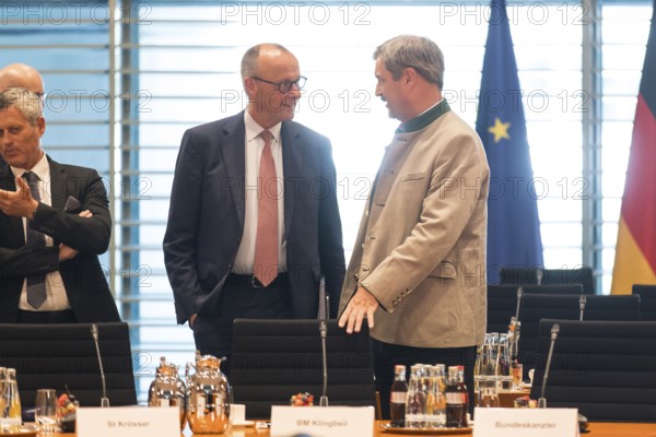 Federal Chancellor Friedrich Merz (l, CDU) and Markus Söder (CSU Chairman and Minister President of Bavaria) in front of the meeting between Federal Chancellor Friedrich Merz and the heads of government of the federal states in the International Conference Hall of the Federal Chancellery, Berlin, 18 June 2025
