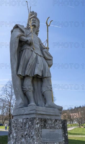 Sculpture of the church patron St Theodore in front of the east tower of the baroque Basilica of St Alexander and St Theodore, Ottobeuren Monastery, Ottobeuren, Unterallgäu, Bavaria, Germany