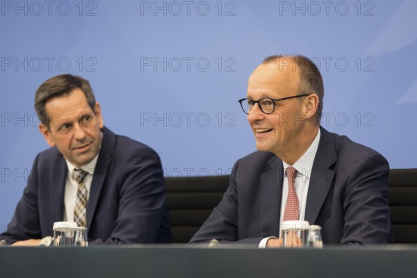 Olaf Lies (SPD, Minister President of Lower Saxony) and Federal Chancellor Merz (CDU, Federal Chancellor) during a press conference after the consultation between Federal Chancellor Friedrich Merz and the heads of government of the federal states in the Federal Chancellery, Berlin, 18 June 2025