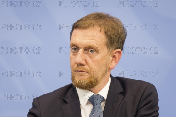 Michael Kretschmer (CDU, Minister-President of the Free State of Saxony) during a press conference after the consultation between Federal Chancellor Friedrich Merz and the heads of government of the federal states in the Federal Chancellery, Berlin, 18 June 2025