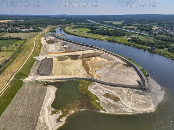 Haltern-Marl, North Rhine-Westphalia, Germany - Lippe, flood protection in the Haltern-Lippramsdorf-Marl area (HaLiMa) . Flood protection on the River Lippe by relocating the dyke and thus extending the floodplain. Rear left: excavation site of the former shaft 8 of the Auguste Victoria colliery
