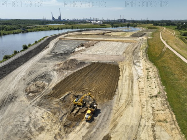Haltern-Marl, North Rhine-Westphalia, Germany - Lippe, flood protection in the Haltern-Lippramsdorf-Marl area (HaLiMa) . Flood protection on the River Lippe by relocating the dyke and thus extending the floodplain. Marl Chemical Park at the back