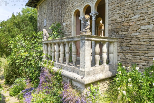 The Cloisters building, Italianate gardens designed by Harold Ainsworth Peto, Iford Manor, Wiltshire, England, UK