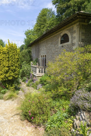 The Cloisters building, Italianate gardens designed by Harold Ainsworth Peto, Iford Manor, Wiltshire, England, UK