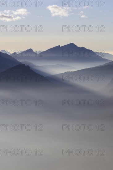 Mountain silhouettes... Alpine peaks and mountain ranges, Bavarian Alps, romantic view from Oberstdorf towards Kleinwalsertal, Bavaria, Allgäu, Allgäu Alps, Germany, Europe, Oberstdorf, Bavarian, Western Europe