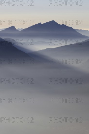 Mountain silhouettes... Alpine peaks and mountain ranges, Bavarian Alps, romantic view from Oberstdorf towards Kleinwalsertal, Allgäu Alps, Allgäu, Oberstdorf, Bavaria, Germany, Western Europe