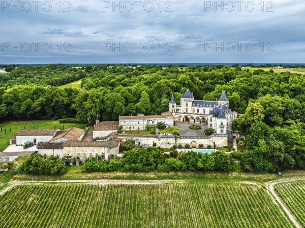 Castle of La Riviere, Vineyard Chateau de La Riviere from a drone, Bordeaux, France