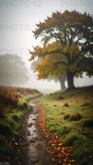 Mystical foggy landscape in autumn, colorful trees in fog, misty mood nature atmosphere, AI generated