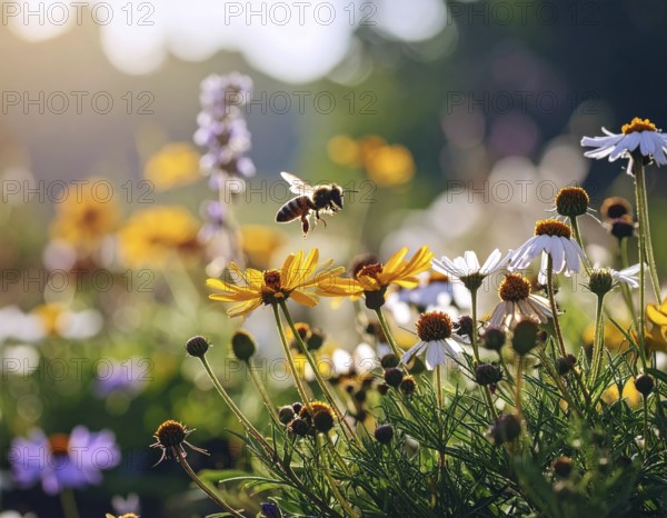 Bee-friendly garden design, colorful variety of blooming flowers in the summer, AI generated