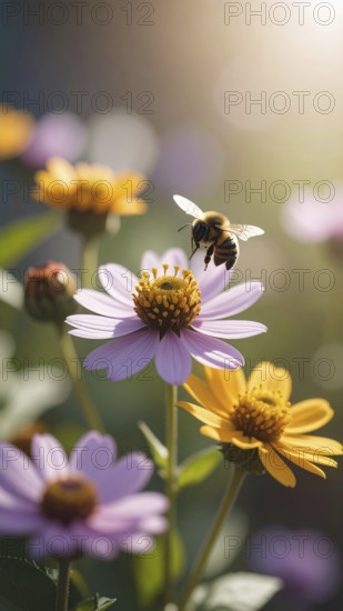 Bee-friendly garden design, colorful variety of blooming flowers in the summer, AI generated