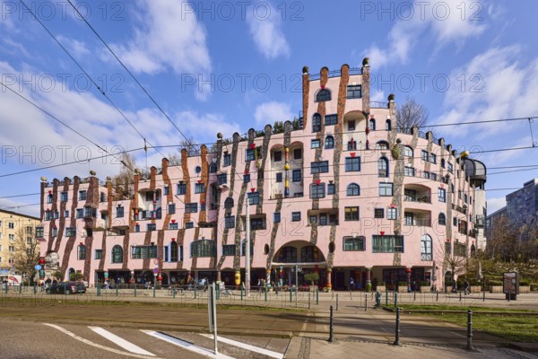 Green Citadel, architect Friedensreich Hundertwasser, modern architecture, street, pedestrian crossing, tram tracks, overhead lines, general development, blue sky, cumulus clouds, Breiter Weg, Magdeburg, state capital, independent city, Saxony-Anhalt, Germany