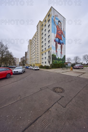 High-rise buildings, residential building, facade, window, advertising painting, MWG-Wohnungsgenossenschaft eG Magdeburg, car park with vehicles, bare wintry trees, diffuse light, cloudy, Lumumbastraße, Magdeburg, state capital, independent city, Saxony-Anhalt, Germany