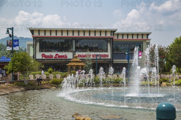Water fountain in front of Paula Deen's Family Kitchen restaurant at The Island recreation area in Pigeon Forge, Tennessee