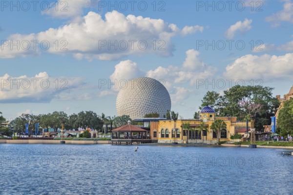 Spaceship Earth geodesic sphere behind the World Showcase Lagoon in Epcot at Walt Disney World in Orlando, Florida