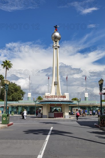 Replica of the Crossroads of the World tower and spinning globe at the entrance to Disney Hollywood Studios in Orlando, Florida