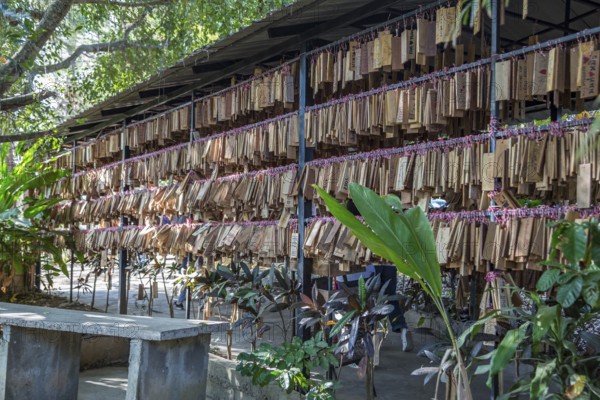 Plaques with messages from prrevious customers hang at entrance to the Akha Cottage restaurant and coffee shop in Chiang Rai, Thailand