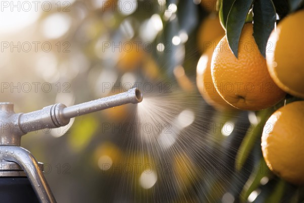 Lose-up of pesticide sprayer aimed at ripe oranges on tree. Concept of agricultural chemicals, fruit production, and food safety concerns. Generative ai, AI generated