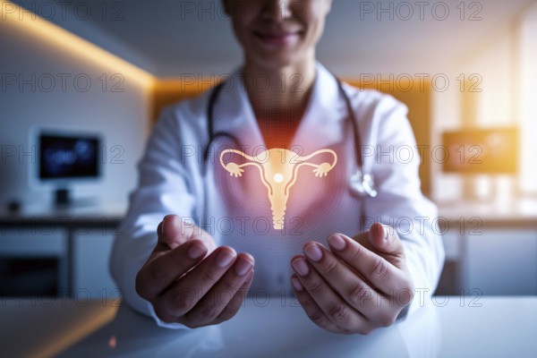 Doctor holding glowing virtual uterus hologram in modern medical gynecological practice or clinic. Generative ai, AI generated
