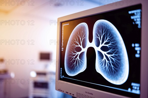 Close-up of computer monitor displaying lung scan in hospital or doctor's practice room. Generative ai, AI generated