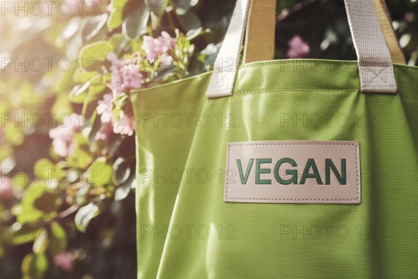 Reusable cotton grocery bag with vegan label in sunlight against green leaves, symbolizing sustainable and eco-conscious living. generative ai, AI generated