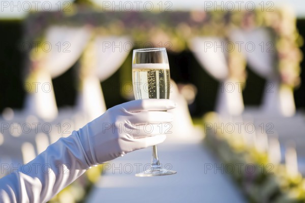 Close-up of a pristine white silk glove holding a champagne flute at a vibrant daytime wedding. Concept of elegance, celebration, and refined festivity. Generative Ai, AI generated