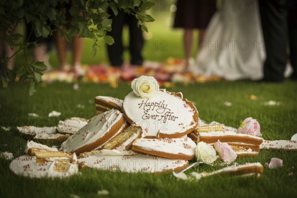 Shattered wedding cake with text 'Happily Ever After on green lawn symbolizes ruined marriage and heartbreak. Generative ai, AI generated