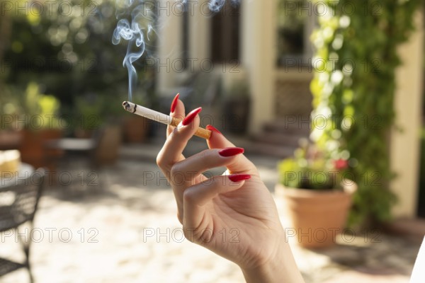 Elegant female hand with red nails holding a burning cigarette. Summer sunlight in outdoor setting evokes style and contradiction. Generative ai, AI generated