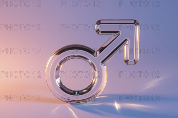 Male gender symbol made out of glass on pink background symbolizing fragile masculinity. Generatrive ai, AI generated